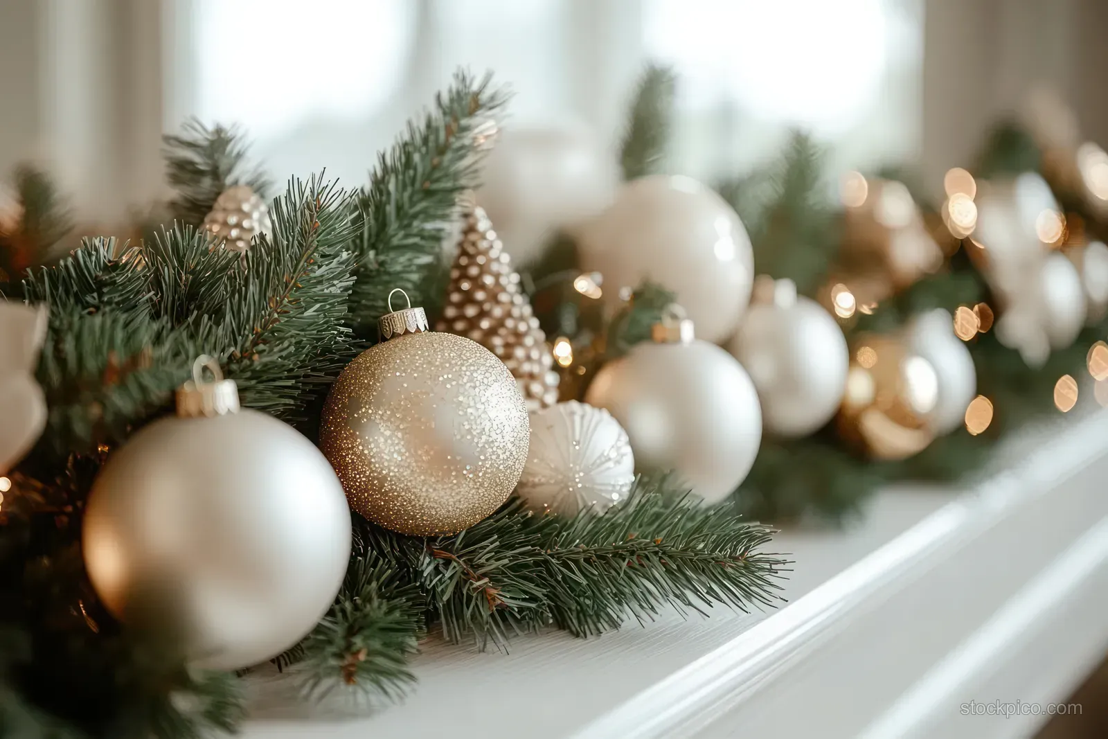 Christmas garland on a windowsill with gold and white ornaments and softly glowing bokeh lights behind.
