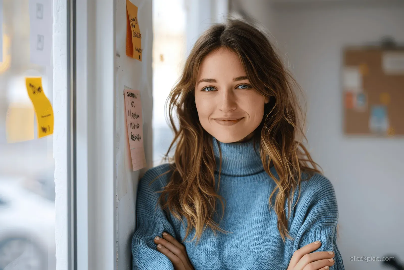 Smiling woman in a blue sweater stands with arms crossed by a window with sticky notes visible.
