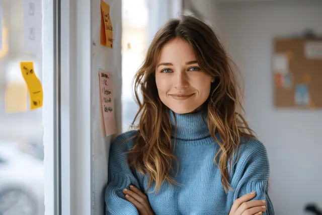 Smiling woman in a blue sweater stands with arms crossed by a window with sticky notes visible.