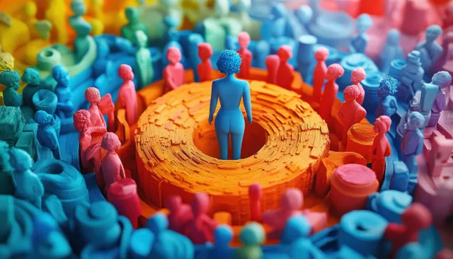 A lone blue person stands on an orange target ring surrounded by colorful crowd figures in a stylized scene.