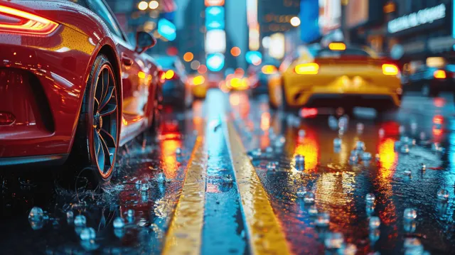 Sports cars parked on a wet city street at dusk with reflected lights and yellow lane lines.