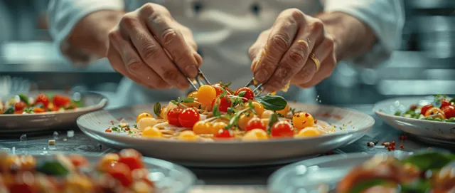 Chef carefully plating colorful pasta dish in a restaurant kitchen