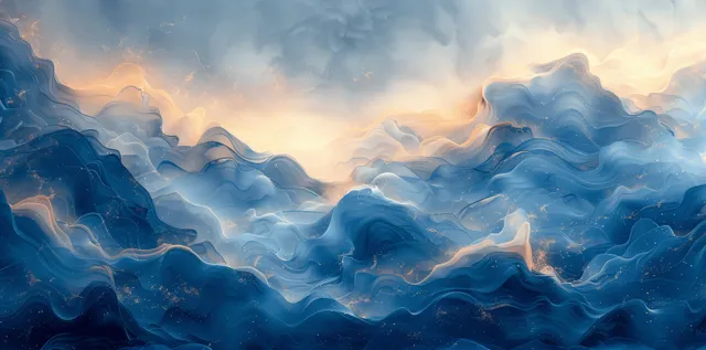 Abstract blue watercolor ocean waves rolling beneath drifting cloud-like swirls
