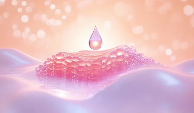 3D skincare serum drop floating over gel beads, glowing collagen hydration concept