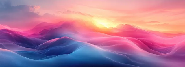 Pink and blue gradient mountain waves at sunset with glowing sky haze