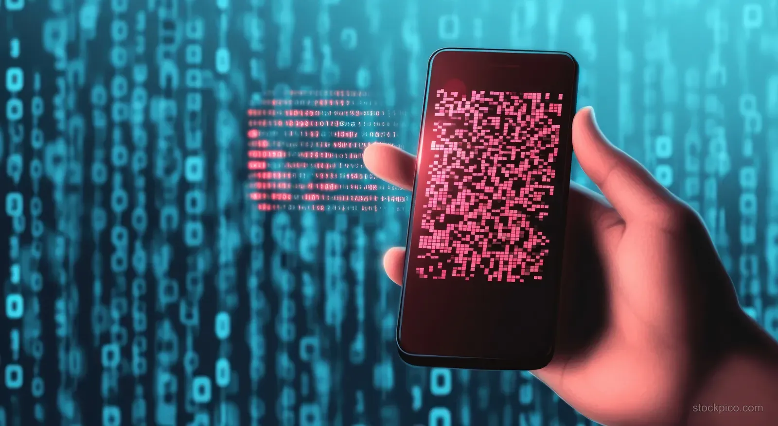 A hand holds a smartphone displaying a QR code against a blue digital background.