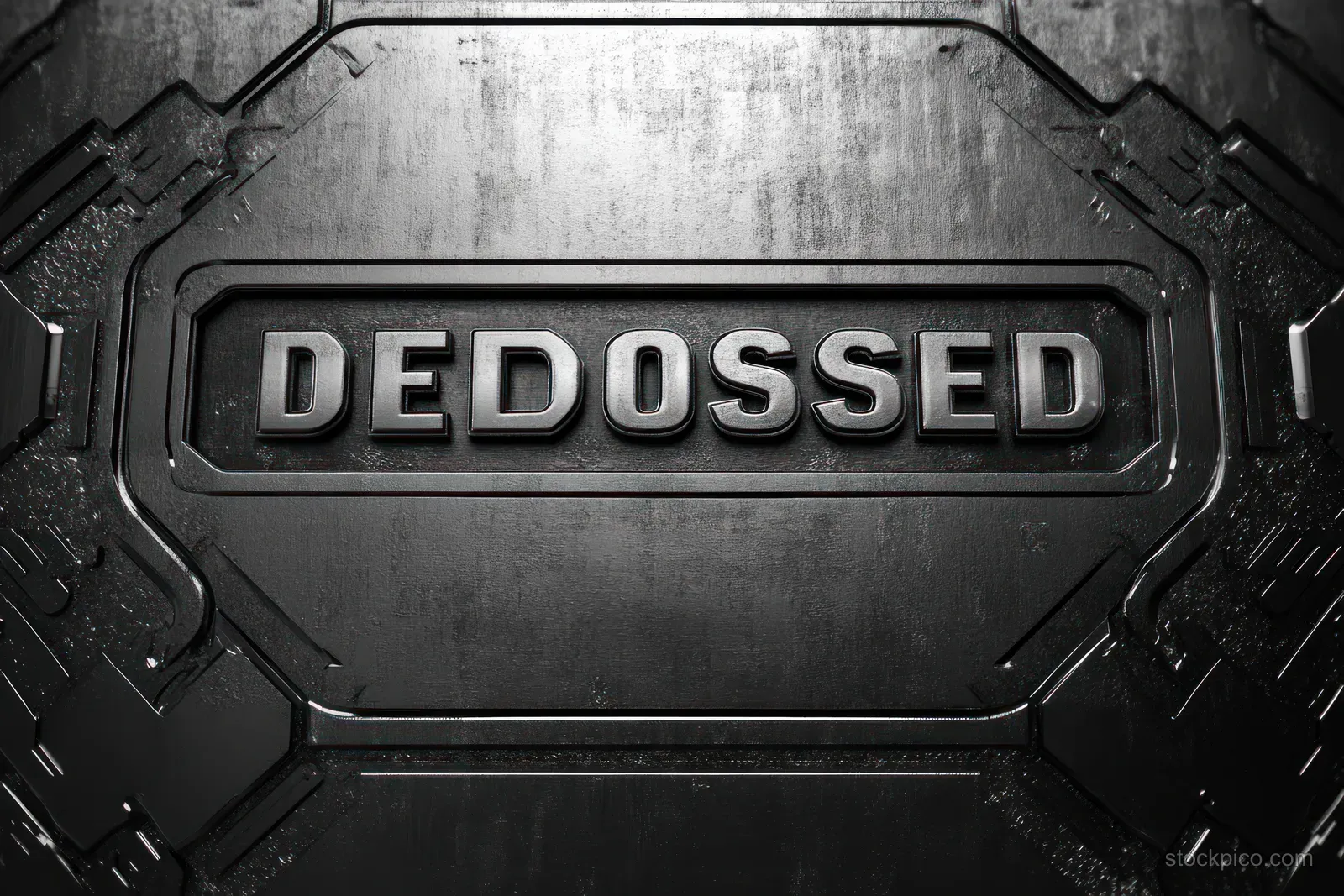 An embossed metal plate reading DEDOSSED on a dark textured surface.