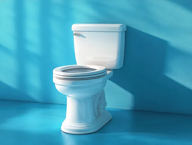 Open white ceramic toilet with lid lifted against a vivid blue wall and floor, showing soft shadows.