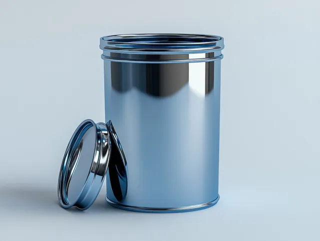 Metal trash can with slightly leaning lid beside open top in a clean studio setup