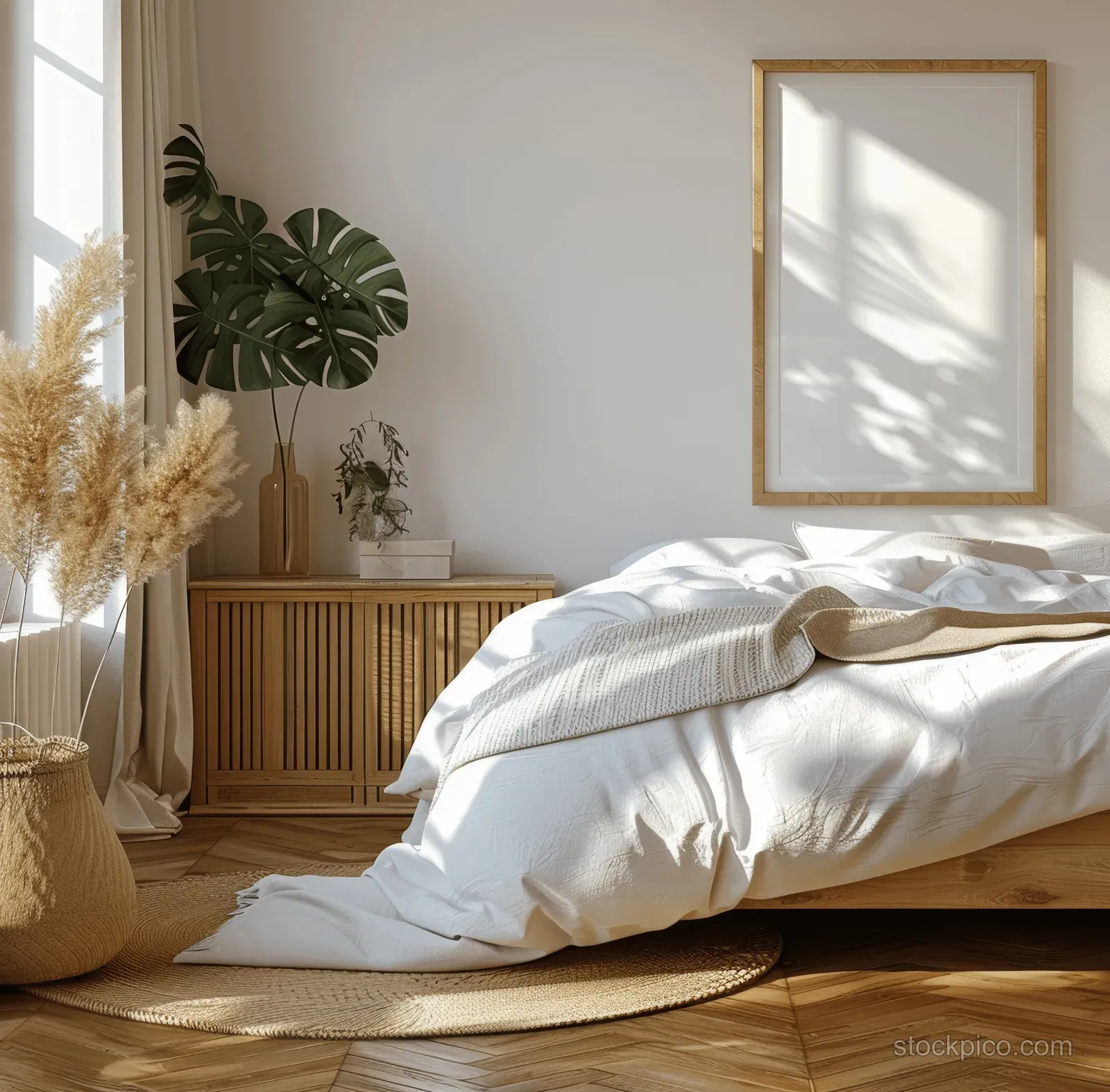 Sunlit minimalist bedroom interior showing a wooden bed and a framed poster mockup above the headboard.