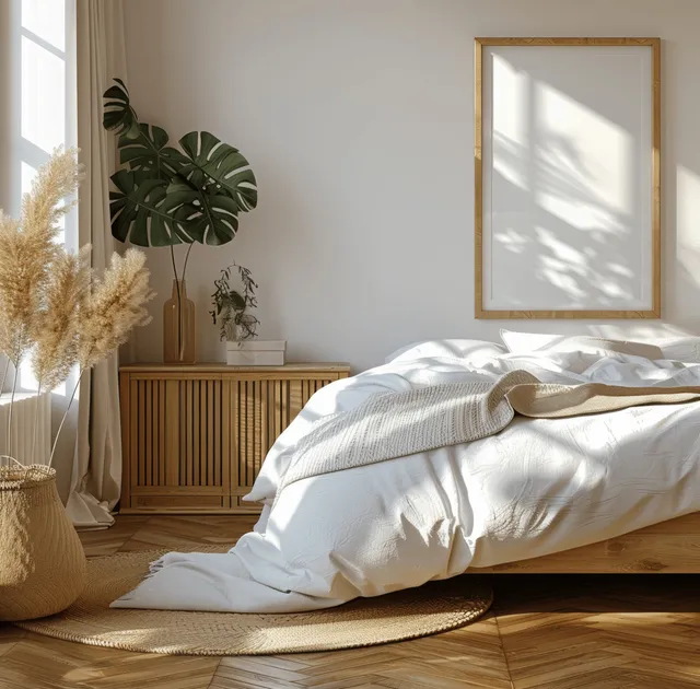 Sunlit minimalist bedroom interior showing a wooden bed and a framed poster mockup above the headboard.