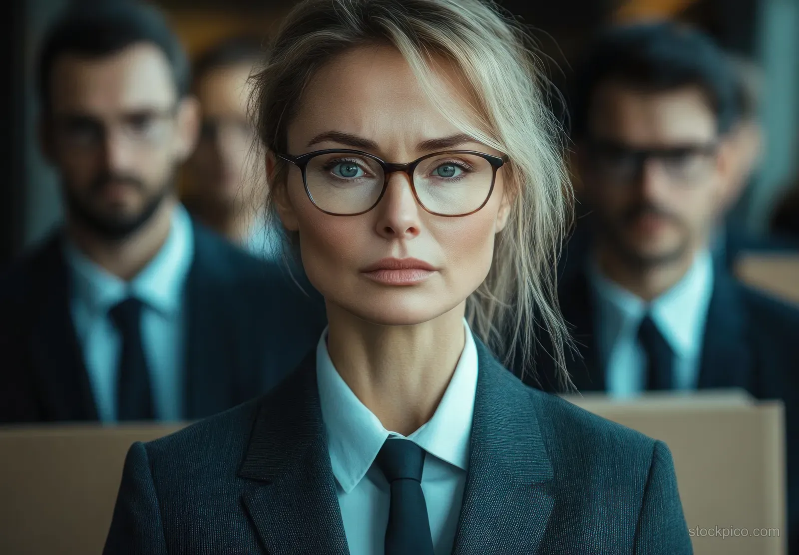 Confident businesswoman in glasses in a formal suit stands before focused, blurred colleagues during a meeting.