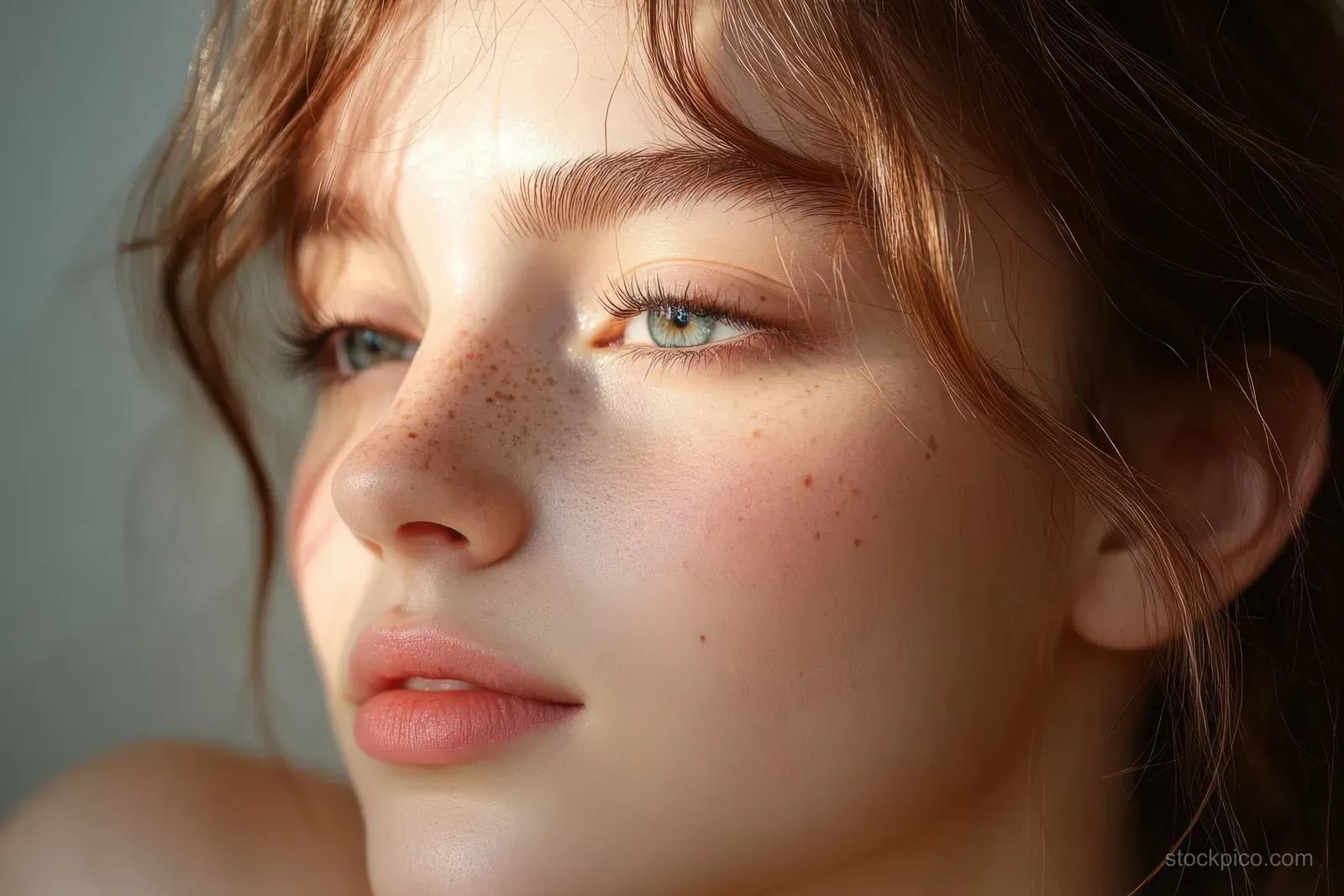 Young woman in profile with skin blemishes and a wart on her nose under soft natural light.