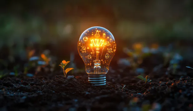 Glowing light bulb with renewable energy icons sits in soil among green sprouts with blurred nature background.