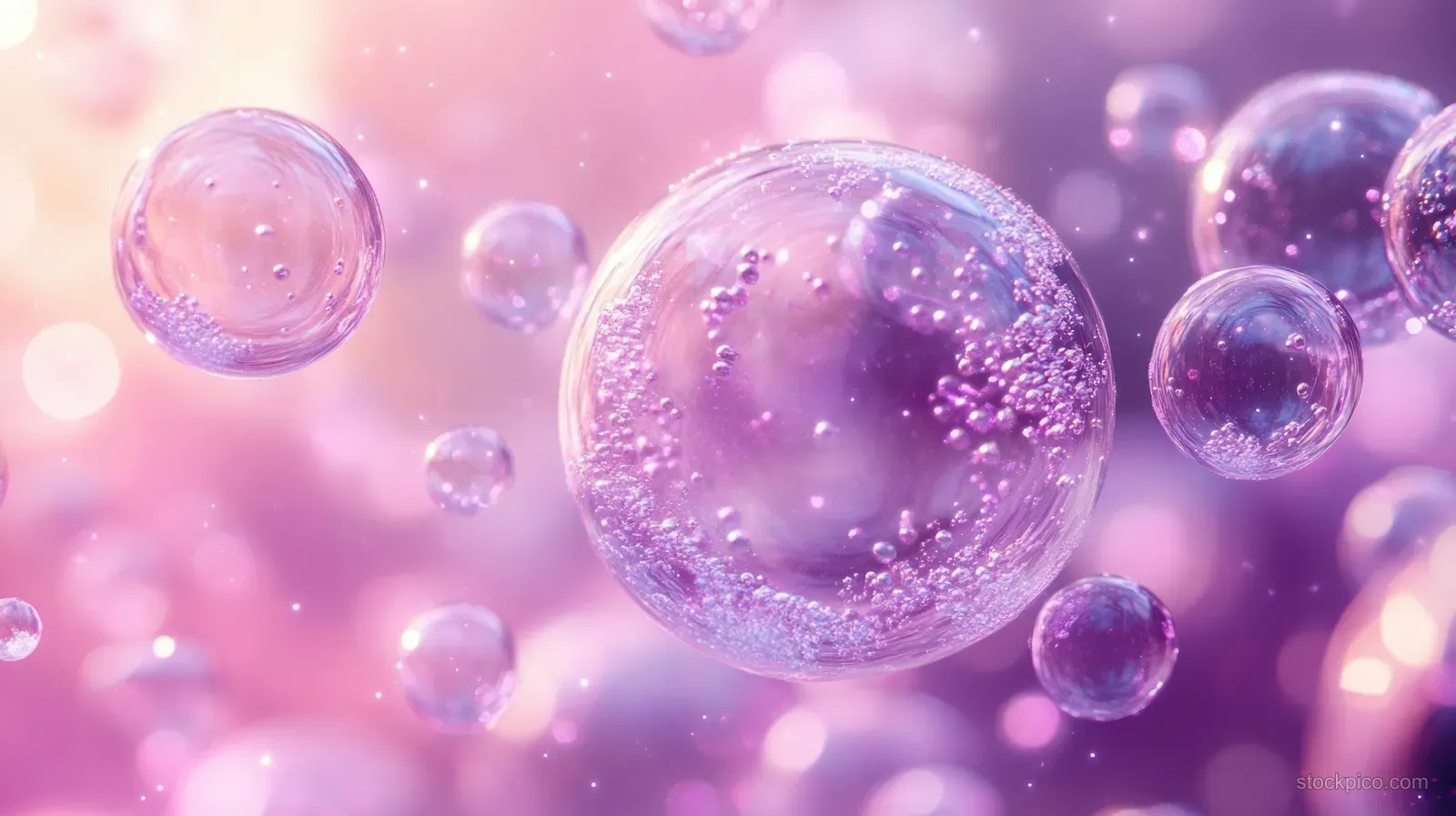 Glowing purple and pink bubbles float in a soft skincare-themed background.