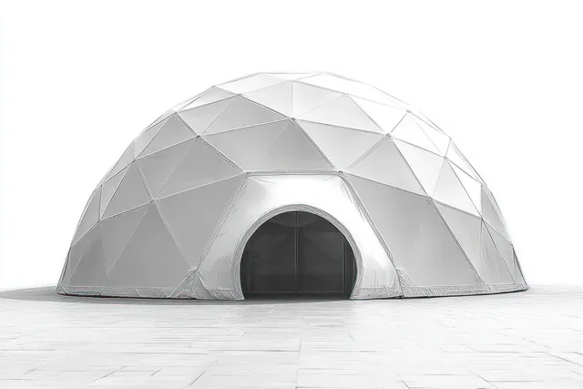 A white geodesic dome with triangular panels and a dark arched entrance on a light tiled ground.