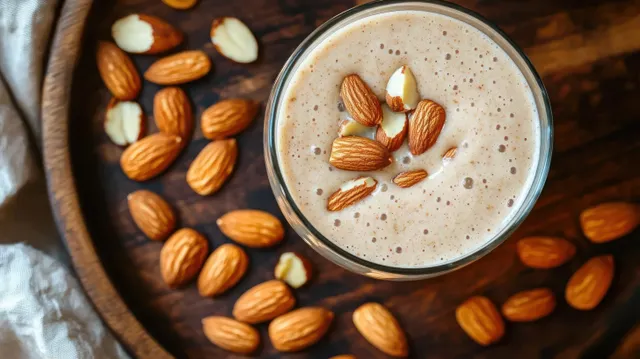 Creamy almond smoothie in a bowl, topped with whole almonds and surrounded by scattered almonds on a wooden tray.