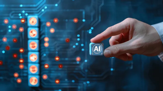 Hand touching glowing AI icon on futuristic virtual screen with circuit lines