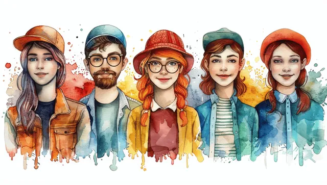 Smiling diverse young workers in watercolor doodle caps holding tools and helmets
