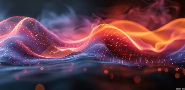 Abstract glowing flames and wave ribbons swirl across a dark gradient background