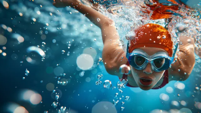 An Australian female swimmer drives forward through clear pool water with splashes and bubbles around her.