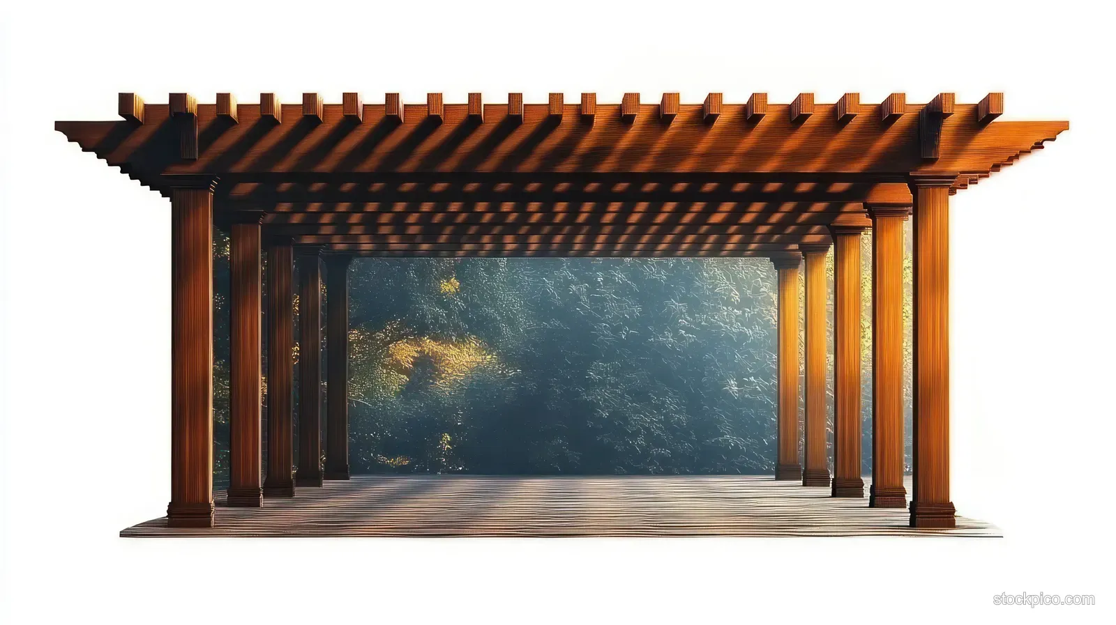 A wooden pergola casts patterned lattice shadows on a patio with sunlit green foliage behind it.
