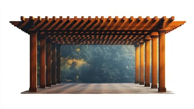 A wooden pergola casts patterned lattice shadows on a patio with sunlit green foliage behind it.