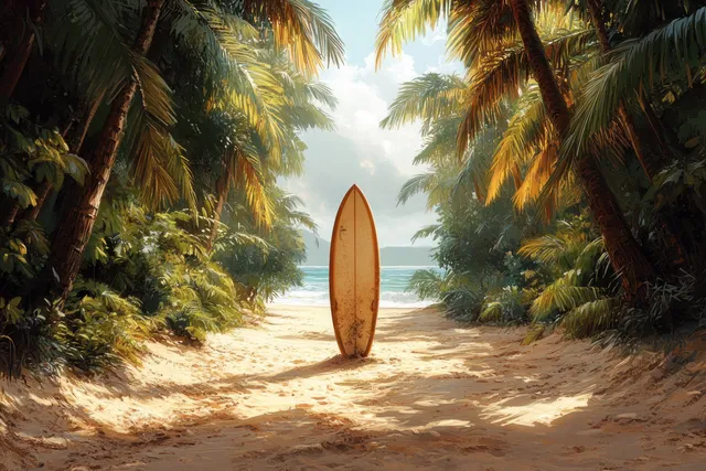 Surfboard leaning on sandy beach between palm trees, tropical shoreline at golden hour