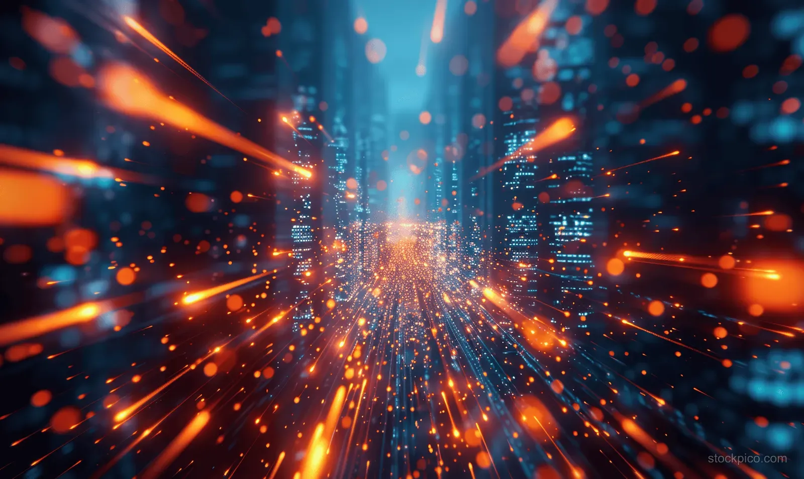 Orange and blue light streaks move through a futuristic digital cityscape.