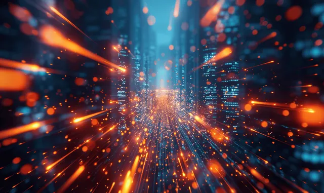 Orange and blue data streaks race through a futuristic digital city