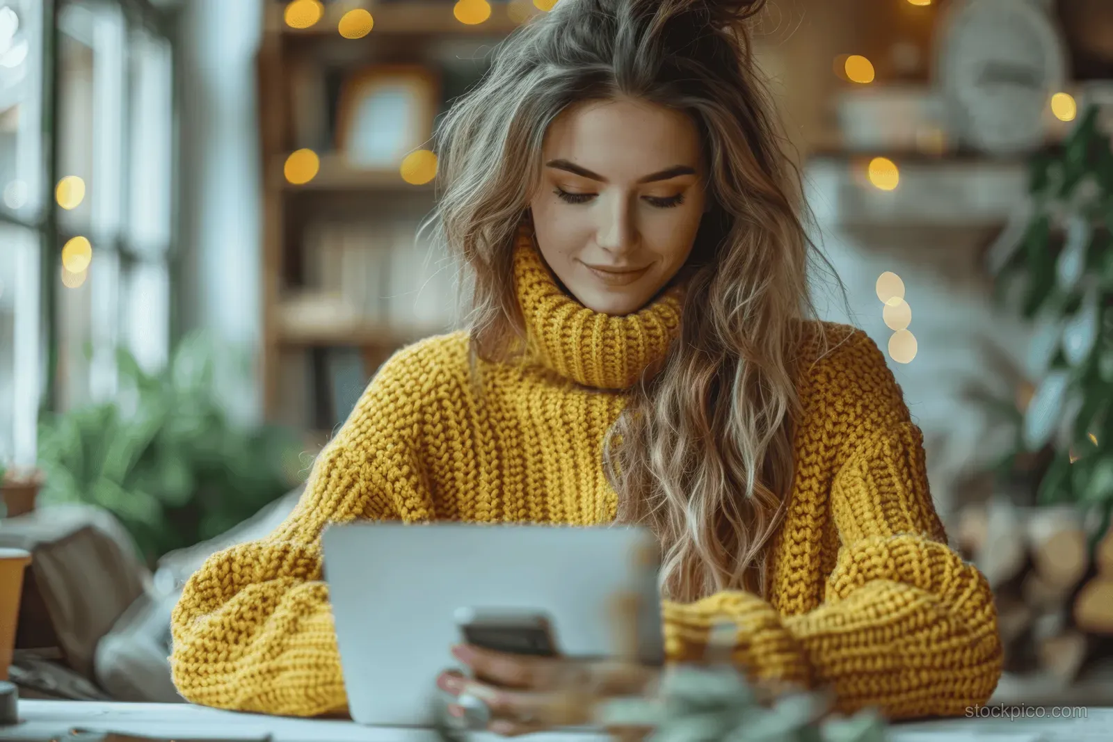 Young woman in a yellow sweater using a smartphone beside an open laptop at a desk.