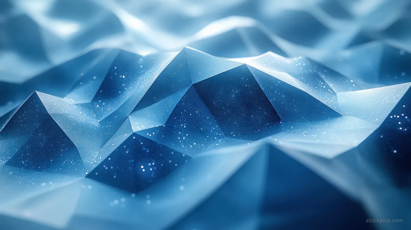 Abstract blue low-poly mountain shapes with glowing particles and soft light in a geometric depth background.