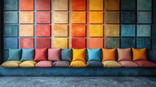 Colorful laminate swatch tiles displayed in a material library grid with white layout space
