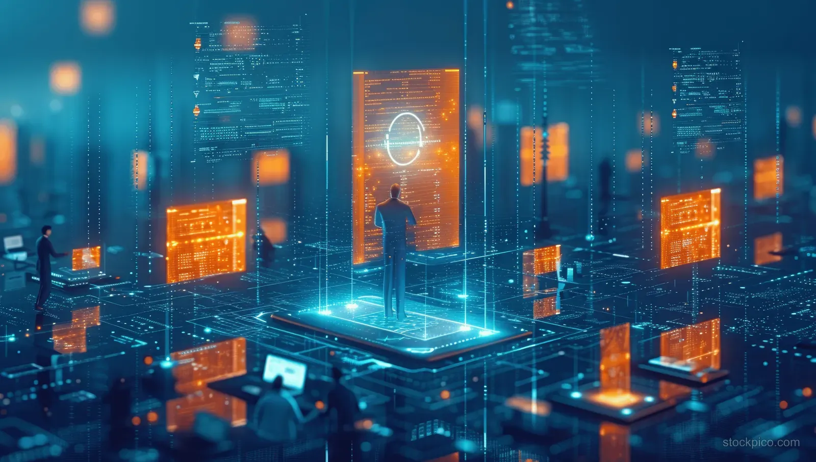 A holographic compliance dashboard with secure document icons floats over a glowing blue data center grid.