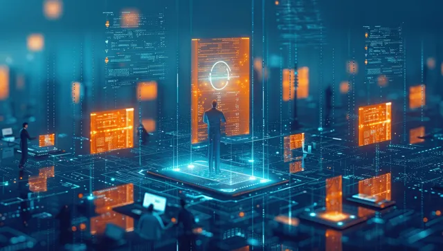 Un panel holográfico de cumplimiento con iconos de documentos seguros flota sobre una cuadrícula azul brillante de un centro de datos.