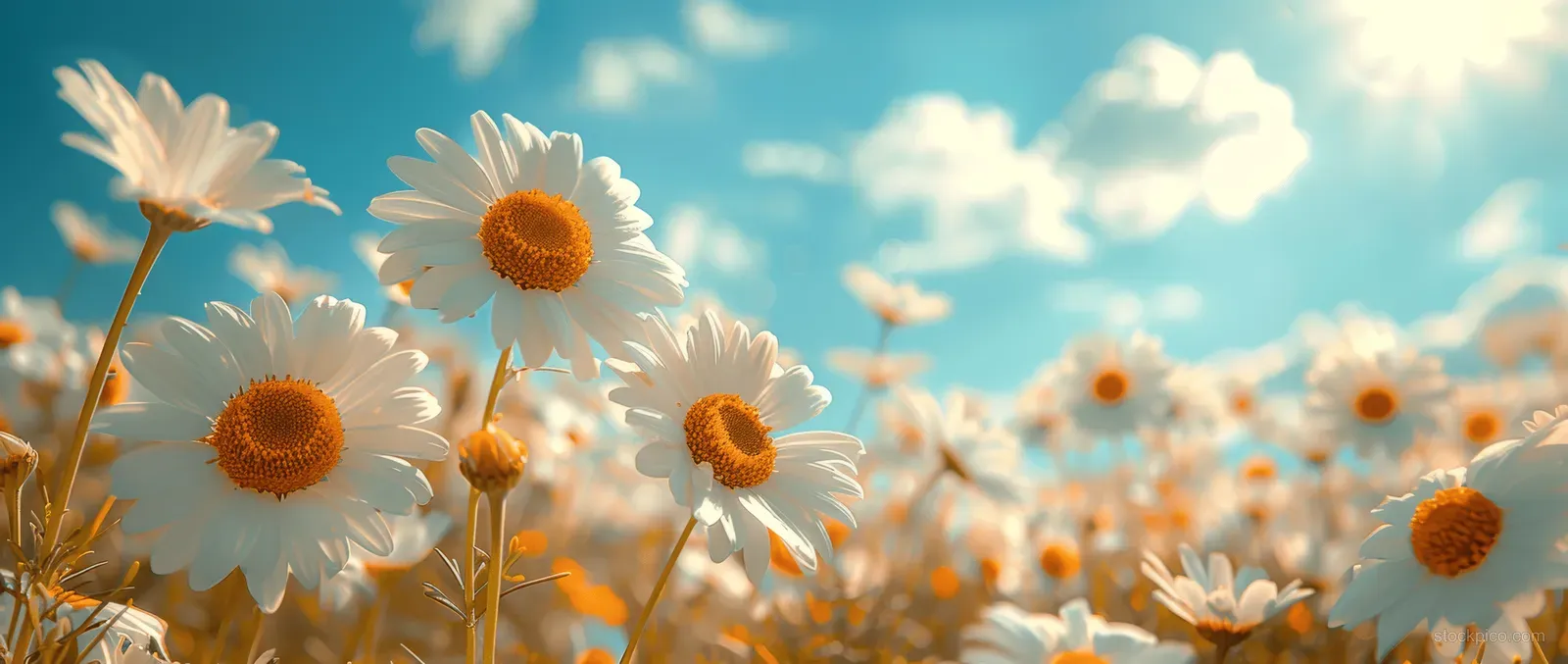 White daisies bloom across a green meadow beneath a bright blue sky with warm sunlight and soft clouds.