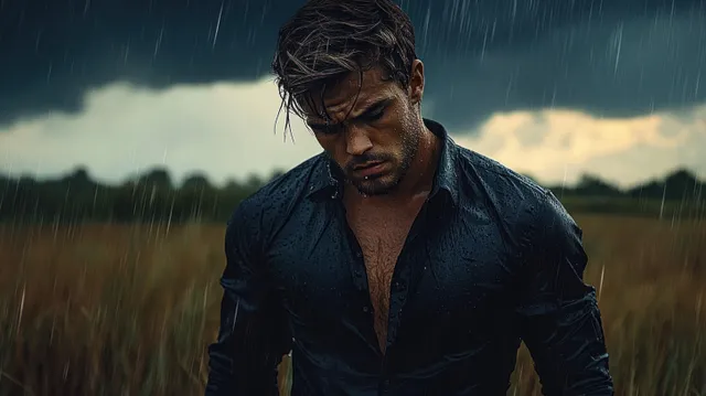 A drenched young man stands alone in a rainy field with wet hair and a dark soaked shirt under storm clouds.