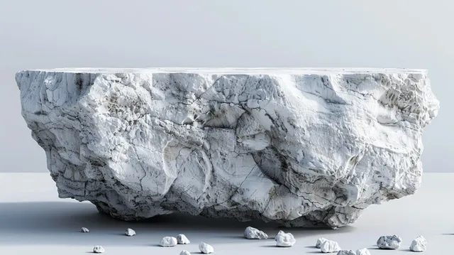 Rough white stone wall segment on studio pedestal with small rocks, soft light