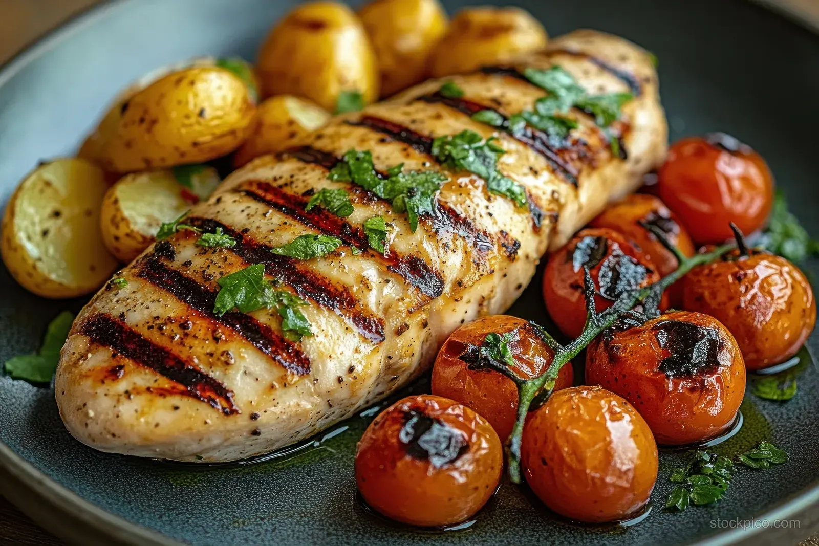 Grilled chicken breast sits on a dark plate with herb garnish, roasted baby potatoes, and charred cherry tomatoes.