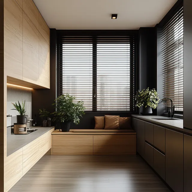 Modern kitchen shows a built-in cushioned bench, wooden cabinets, black countertops, and potted plants near blind-covered windows.