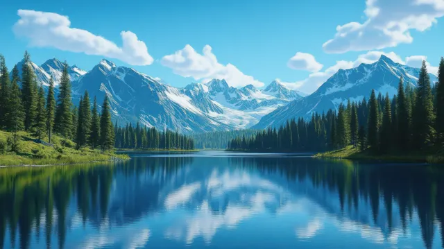 Alpine lake mirror reflection of pine trees, snowcapped mountains, and scattered clouds beneath blue sky.