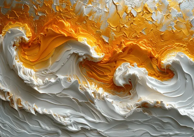 Gold and white acrylic wave texture painting with raised swirling impasto backdrop