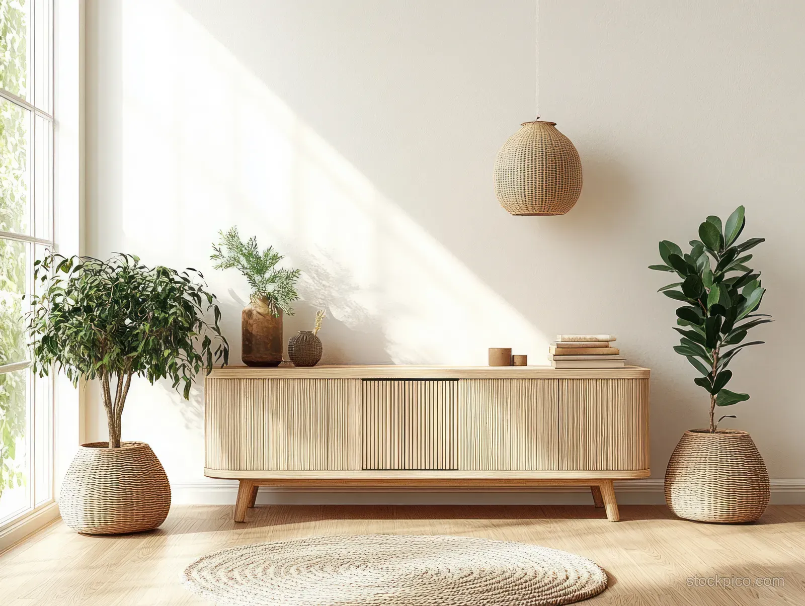 Warm sunlight falls on a minimalist Scandinavian living room with a wooden sideboard and potted plants in woven planters.