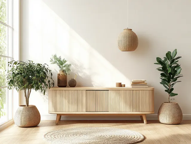 Warm sunlight falls on a minimalist Scandinavian living room with a wooden sideboard and potted plants in woven planters.