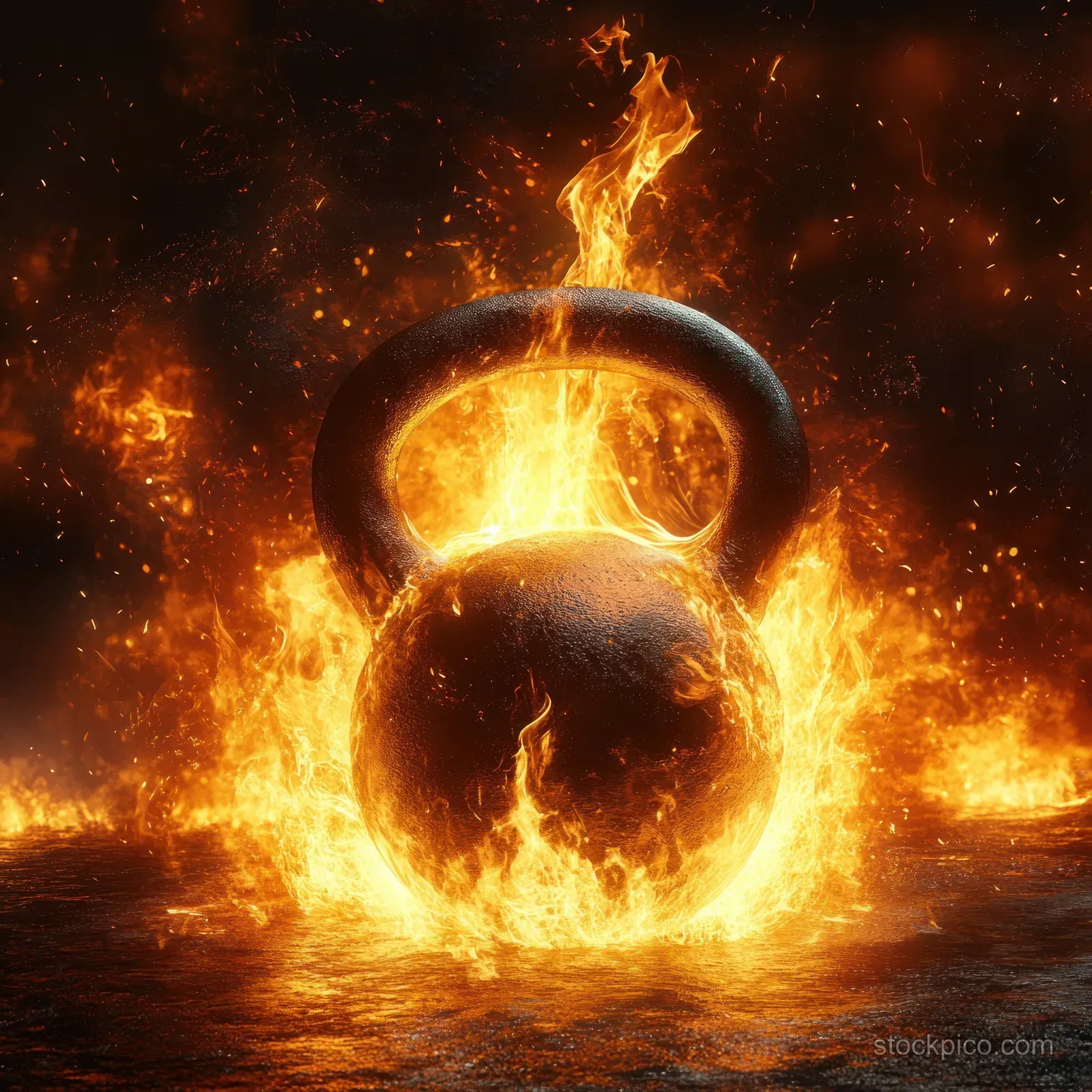 Burning kettlebell hovering in a fiery arena with flames, sparks, and glowing motion around it.