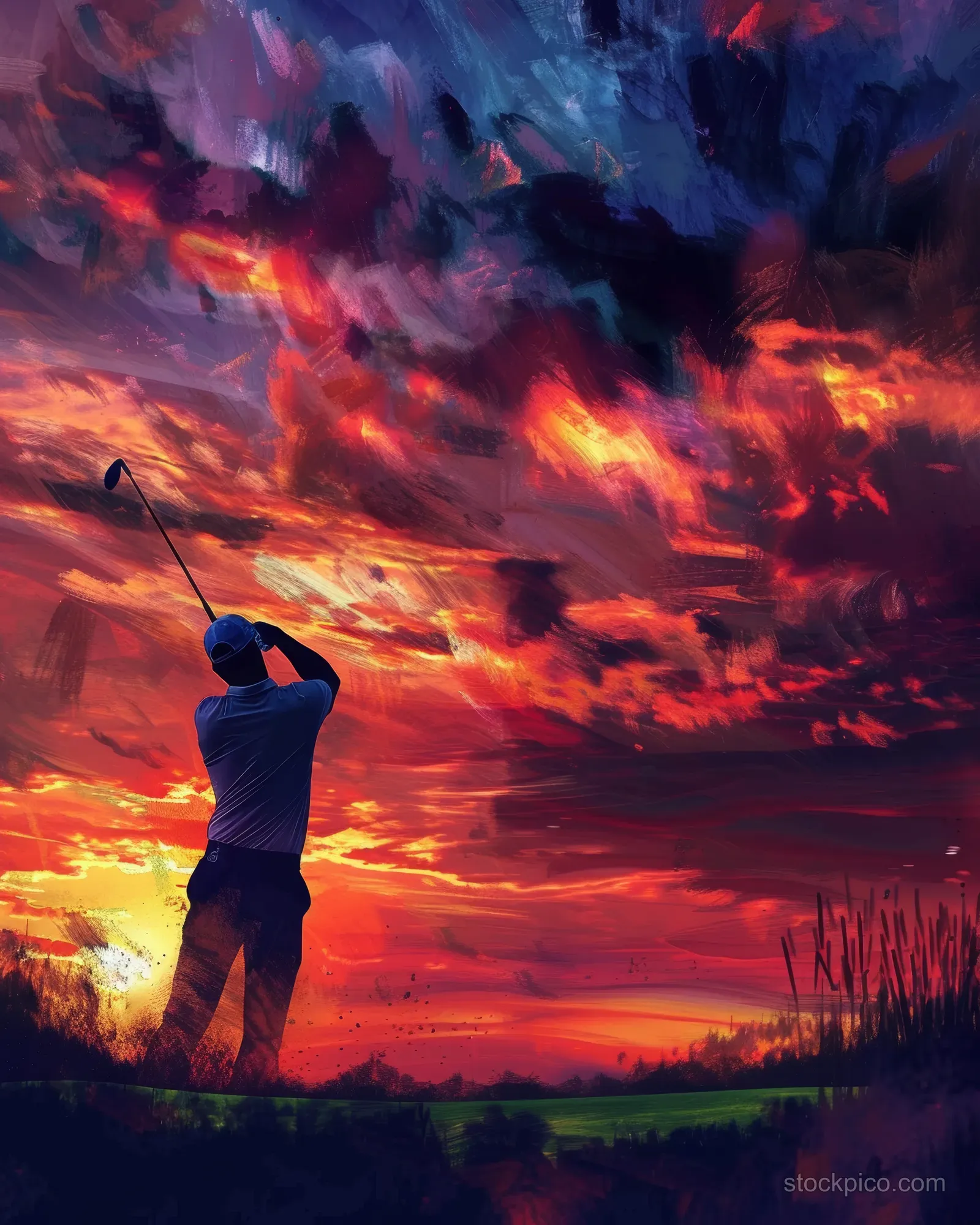 Silhouetted golfer completes a swing on a golf course under intense sunset clouds and glowing sky.