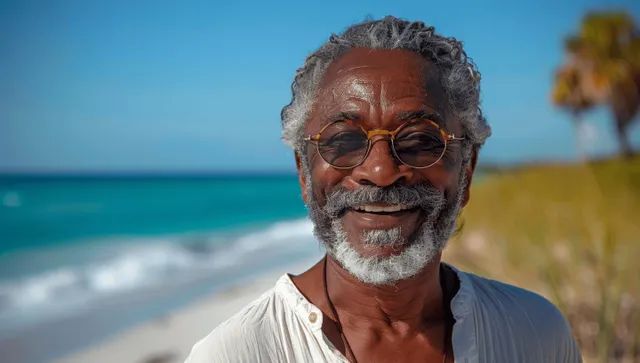 Smiling grey-haired African American man standing on a sunny beach by the ocean