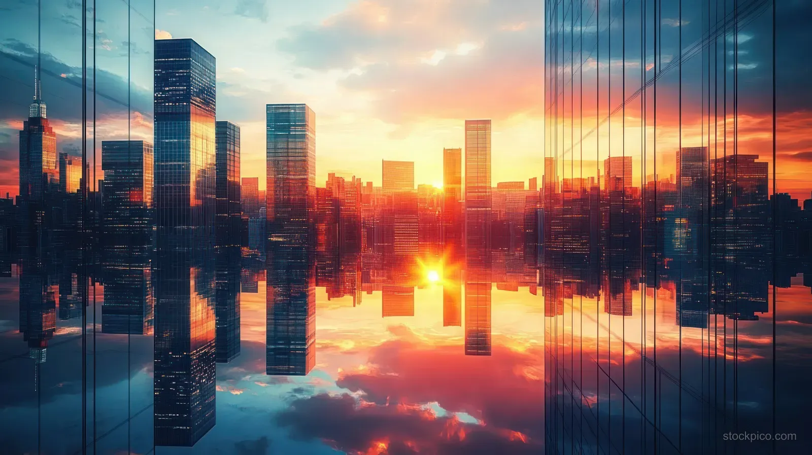 Sunset skyline of glass skyscrapers reflects orange and blue light in calm water near the horizon sun.