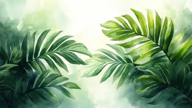 Watercolor nipa palm fronds framing a clean white background with soft daylight