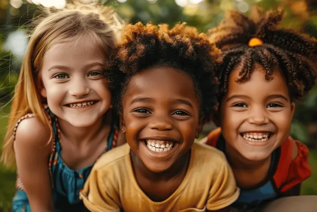 Smiling diverse children sit together outdoors, hugging with leafy autumn greenery in the background.